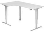 Winkelschreibtisch ULM, elektrisch höhenverstellbar, 90° Winkel links, T-Fuß, B 2000 x T 1200 x H 625-1275 mm, weiß/weißalu + Memoryschalter