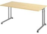Schreibtisch Breno, manuelle Höheneinstellung, horizontaler Kabelkanal, B 1600 x T 800 x H 680-820 mm, Spanplatte & Stahl, Ahorn/Silber