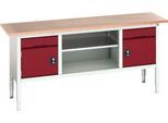 Kastenwerkbank Bott verso, Multiplex-Platte, 2 Schubladen, 2 Türen, 1 Ablageboden, B 2000 x T 600 x H 830 - 930 mm, Lichtgrau / Purpurrot