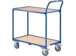 Tischwagen Fetra 2740, 2 Etagen, L 850 x B 500 mm, bis 300 kg, 2 Schiebebügel, Lenk- & Bockrollen, Holz & Stahl, brillantblau RAL 5007