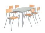 Sparset Stapelstühle, Buchenholz, Gestell lichtgrau B 450 x T 520 x H 770 mm, 6 Stück + Tisch, Buche-Natur, Gestell lichtgrau, L 1600 x B 800 x H 720 mm