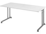 Schreibtisch Breno, manuelle Höheneinstellung, horizontaler Kabelkanal, B 1800 x T 800 x H 680-820 mm, Spanplatte & Stahl, Weiß/Silber