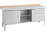 Kastenwerkbank Schäfer Shop Select PW 200-1, Buche Multiplexplatte, mit Stahlabdeckung, bis 750 kg, B 2000 x T 700 x H 840 mm, Weißaluminium