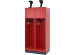 Feuerwehrspind C+P Evolo Youngster, 2 Abteile, mit Helmhalter, mit Sockel, B 800 x T 500 x H 1630 mm, RAL 3000 Feuerrot/RAL 7016 Anthrazitgrau