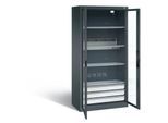 C+P Akkuladeschrank Basic mit Sichtfenster aus Acrylglas und Schubladenblock, H 1950 x B 930 x T 500 mm, Lichtgrau/Lichtblau