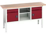 Kastenwerkbank Bott verso, Multiplex-Platte, 2 Schubladen, 1 Ablageboden, 2 Türen, B 1750 x T 600 x H 830 - 930 mm, Lichtgrau / Purpurrot