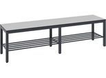 Umkleidebank Basic Plus, für Feuchträume, ohne Rückenlehne, 6-Fußgestell schwarzgrau RAL 7021, mit Schuhrost, B 1500 mm, Dekor silbergrau