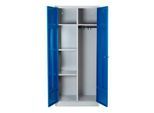 Putzmittelschrank, B 800 mm, 4 Böden, kompl. Mitteltrennwand, abschließbar, enzianblau RAL 5010/l.grau RAL 7035