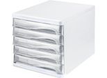 Schubladenbox helit, 5 Schübe, DIN A4, B 265 x H 250 x T 340 mm, Polypropylen, Gehäuse weiß/Schublade glasklar