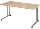 Schreibtisch Breno, manuelle Höheneinstellung, horizontaler Kabelkanal, B 1600 x T 800 x H 680-820 mm, Spanplatte & Stahl, Eiche/Silber