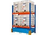 BAUER Umwelt-Grundregal UR-G 2200-2, Palettenregal, B 2400 x T 1300 x H 3000 mm, für max. 4 IBC, Auffangwanne 1000 l, lichtblau/verkehrsblau/reinorange