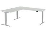 Winkelschreibtisch AERO FLEX, elektrisch höhenverstellbar, 90° Winkel, T-Fuß, B 2000 x T 2000 mm, lichtgrau/weißalu + Memorypanel