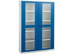 Schäfer Shop Genius Flügeltürenschrank FS, Stahl, Sichtfenster, Lüftungslöcher, B 1343 x T 520 x H 1950 mm, 5 OH, Lichtgrau/Enzianblau, bis 750 kg