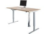Schreibtisch, elektrisch höhenverstellbar, Rechteck, T-Fuß, B 1600 mm, Eiche-Dekor/weißalu + Schublade & Kabelspirale