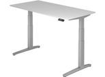 Schreibtisch TOPAS LINE, elektrisch höhenverstellbar, C-Fuß, B 1600 x T 800 x H 650-1300 mm, lichtgrau/alusilber + Memoryschalter, Kabelkanal