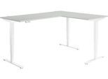 Winkelschreibtisch AERO FLEX, elektrisch höhenverstellbar, 90° Winkel, T-Fuß, B 2000 x T 1600 mm, lichtgrau/weiß + Memorypanel