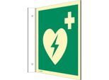 moedel Fahnenschild „Automatischer externer Defibrillator AED“, EN ISO 7010, Leuchtklasse C, 160 mcd/m², bis 14,8 m, L 148 x B 148 mm, Kunststoff