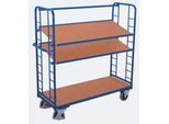 Etagenwagen, Stahl/MDF-Platte, Enzianblau/Buche-Dekor, 3 Etagen, 1650 x 650 mm, Stirnwände mit Rundstahlverstrebung, EasySTOP, bis 400 kg