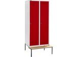 Schäfer Shop Genius Kleiderspind mit Sitzbank, 2 Abteile, 300 mm Abteilbreite, Zylinderschloss, lichtgrau/rot