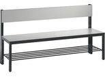 Sitzbank Basic Plus, 1-seitig, Rückenlehne, mit Schuhrost, 4-Fußgestell schwarzgrau RAL 7021, B 1500 mm, Dekor silbergrau