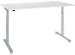 Schreibtisch, zweistufig elektrisch höhenverstellbar, T-Fuß Rundrohr, B 1800 x T 800 x H 634-1294 mm, lichtgrau/weißaluminium