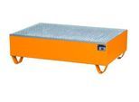 Auffangwanne, für 2 Fässer à 200 l, mit verzinktem Gitterrost, L 1200 x B 800 x H 360 mm, unterfahrbar, Stahl, gelborange RAL 2000