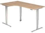Winkelschreibtisch ULM, elektrisch höhenverstellbar, 90° Winkel links, T-Fuß, B 2000 x T 1200 x H 625-1275 mm, Nussbaum/weißalu + Memoryschalter