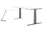 2 tlg. Büromöbel-Set, Schreibtisch Login, elektrisch höhenverstellbar, B 1600 mm, weiß/weißaluminium + LED-Tischleuchte Terra