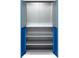 Schäfer Shop Genius Materialschrank FS, 5 OH, abschließbar, Lochrasterwände/3 Fachböden, bis 450 kg, B 1055 x T 520 x H 1950 mm, weißalu/enzianblau
