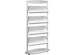 Prospektständer sirius, 4 Etagen, Beschriftungsfläche, mit optional montierbaren Rollen, B 800 x T 330 x H 1850 mm, Stahl, alusilber