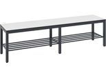 Umkleidebank Basic Plus, für Feuchträume, ohne Rückenlehne, 6-Fußgestell schwarzgrau RAL 7021, mit Schuhrost, B 1500 mm, Dekor weiß