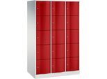 C+P Schließfachschrank Resisto, 3 Abteile, 15 Fächer, B 1148 x T 640 x H 1950 mm, Lichtgrau/Rubinrot
