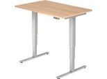 Schreibtisch ULM, elektrisch höhenverstellbar, Rechteck, T-Fuß, B 1200 x T 800 x H 625-1275 mm, Eiche/weißalu + Memoryschalter