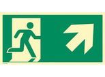 moedel Hinweisschild „Notausgang rechts schräg oben“, EN ISO 7010, Leuchtklasse C, 160 mcd/m², bis 14,8 m, selbstklebend, L 148 x B 297 mm, Folie, grün