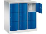 C+P Schließfachschrank Resisto, 3 Abteile, 9 Fächer, B 1148 x T 640 x H 1255 mm, Lichtgrau/Enzianblau