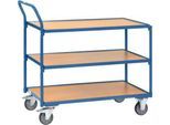 Tischwagen, 3 Ebenen, Stahl/Holz, blau-buche, B 850 x T 500 mm, bis 300 kg, TPE-Bereifung
