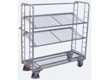 Etagenwagen, Stahl/Drahtgitter, silber, 3 Etagen, 1400 x 550 mm, 2 Stirnwände mit Rundstahlverstrebung, EasySTOP, bis 250 kg