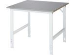 Rau Arbeitstisch Tom, manuell höhenverstellbar, 25 mm MDF-Platte mit Edelstahlbelag, bis 500 kg, B 1000 x T 1000 x H 760-1080 mm, silber/lichtgrau
