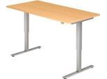 Schreibtisch ULM, elektrisch höhenverstellbar, Rechteck, T-Fuß, B 1600 x T 800 x H 720-1190 mm, Buche/alusilber + Kabelwanne