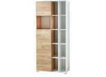 Home Office Aktenschrank LIONI, aus Holz, 2 Türen, 4 geschlossene & 11 offene Fächer, B 850 x T 400 x H 1970 mm, weiß/Navarra Eiche