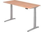 Schreibtisch TOPAS LINE, elektrisch höhenverstellbar, C-Fuß, B 1800 x T 800 x H 650-1300 mm, Nussbaum/weißaluminium + Memoryschalter, Kabelkanal