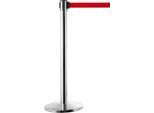Absperrpfosten, chromsilber, Gurtband rot, ausziehbar bis 2 m, selbstaufrollend, mit Bremse, Ø 360 x H 1040 mm, Metall verchromt