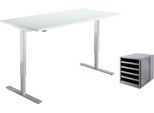 Schreibtisch Start Off, elektrisch höhenverstellbar, B 1600 mm, lichtgrau/weißalu + Gratis Schubladenbox Schrank-Set Karma, grau