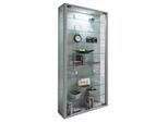 Wandvitrine Vitrosa Maxi, mit LED-Beleuchtung, 8 Einlegeböden, 2 Flügeltüren, B 590 x T 180 x H 1140 mm, Glas & Holz, silber