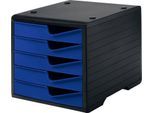 Schubladenbox styro® styroswing , 5 Schübe, Auszugsperre & Griffmulde, stapelbar, B 270 x T 340 x H 255 mm, Polystyrol, schwarz-blau