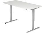 Schreibtisch ULM, elektrisch höhenverstellbar, Rechteck, T-Fuß, B 1600 x T 800 x H 720-1190 mm, lichtgrau/alusilber + Kabelwanne