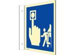 moedel Fahnenschild „Hausalarm/Brandmelder/Evakuierung“, Leuchtklasse C, 160 mcd/m², bis 20 m, L 200 x B 200 mm, Aluminium, blau-weiß