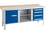 Kastenwerkbank Schäfer Shop Select PW 200-1, Buche Multiplexplatte, mit Stahlabdeckung, bis 750 kg, B 2000 x T 700 x H 840 mm, Enzianblau