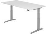 Schreibtisch TOPAS LINE, elektrisch höhenverstellbar, C-Fuß, B 2000 x T 1000 x H 650-1300 mm, lichtgrau/weißaluminium + Memoryschalter, Kabelkanal