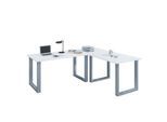 Eckschreibtisch, Winkel 90°, Bügelfuß, B 1600 x T 800/1600 x H 760 mm, weiß/silber